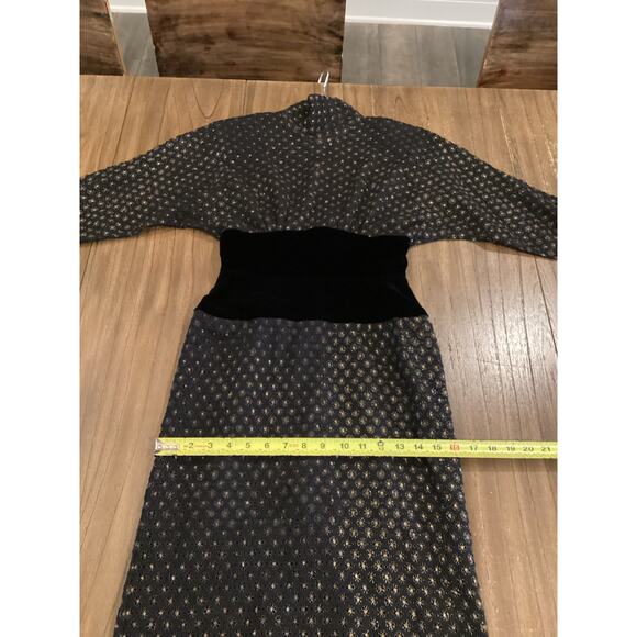 Fernando Sanchez Vintage brocade eyelet Long Sleeve black gold midi retro Dress - Picture 5 of 16